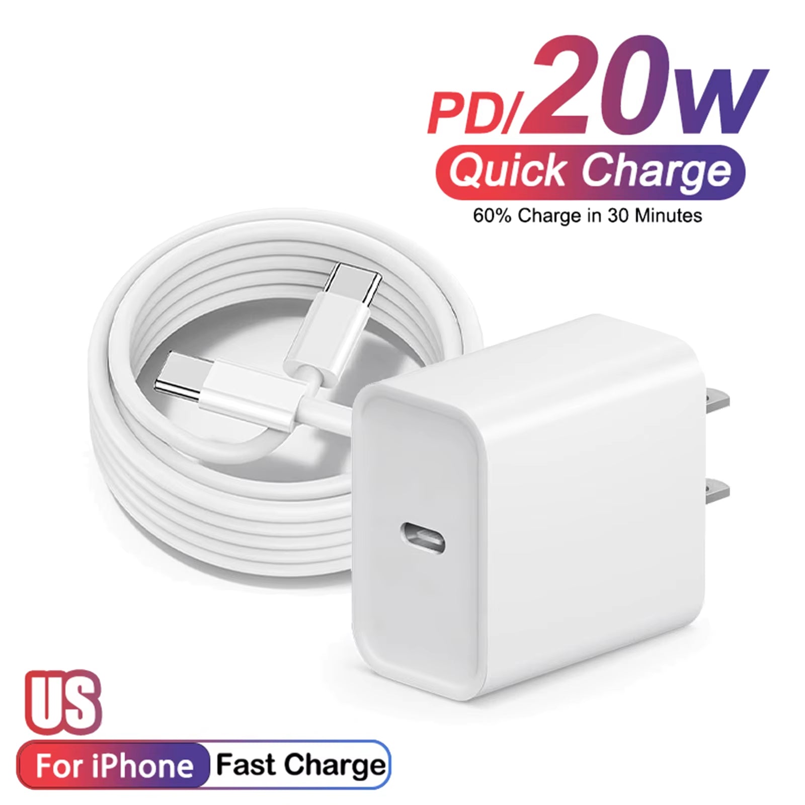 US 20W USB C Fast Charger with 3.3Ft/100Cm Data Cable for Iphone 16 15 Pro Max plus Samsung S25 S24 S23 S22 Ultra /Xiaomi/Huawei