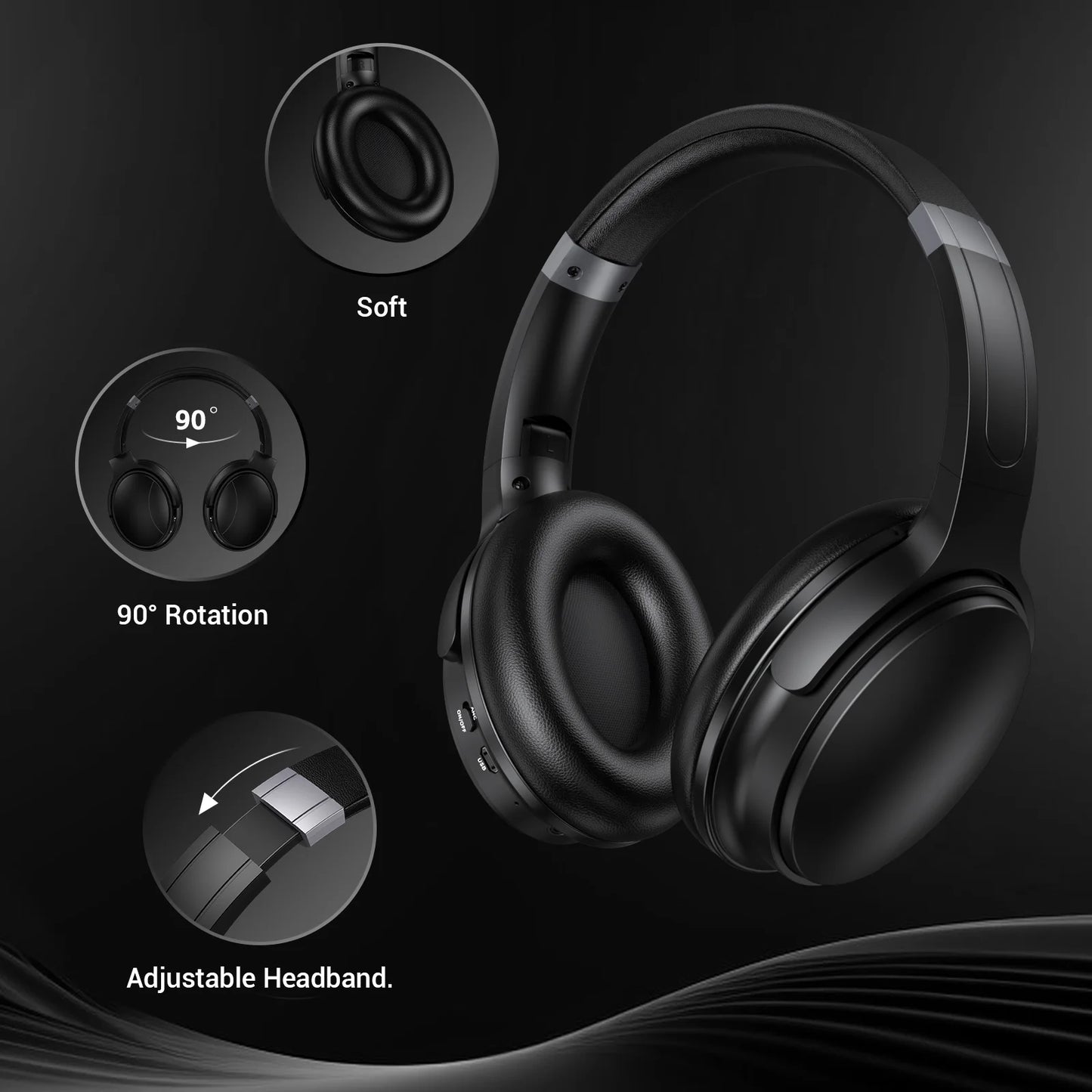 Noise Cancelling Headphones, Wireless Bluetooth Headphones, over Ear Headphones with Microphone, Black, Q8