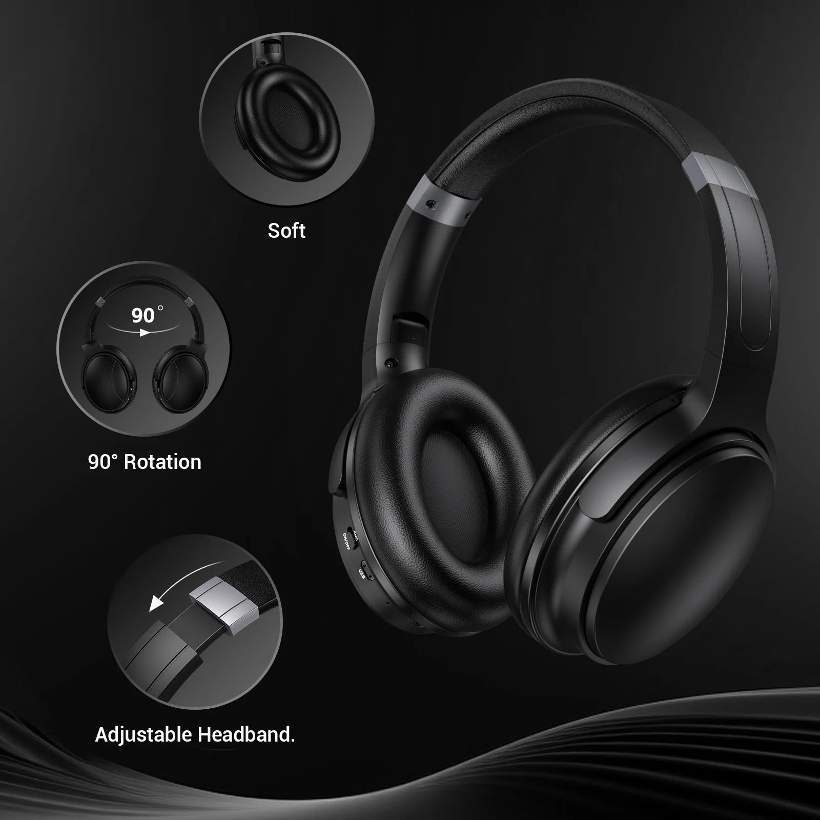Noise Cancelling Headphones, Wireless Bluetooth Headphones, over Ear Headphones with Microphone, Black, Q8