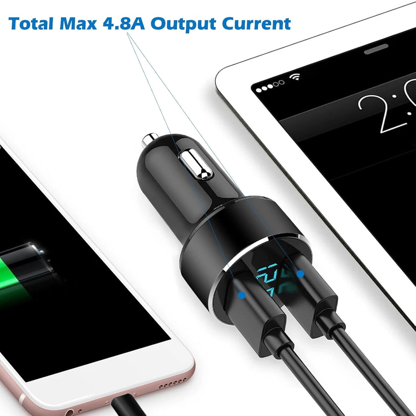 2 USB Car Charger,12V/24V Voltage Meter, Output 4.8A, Cigarette Lighter Plug Adapter Compatible with Iphone,Ipad, Samsung, USB Charging Devices, Black